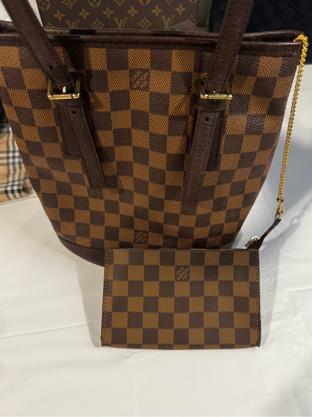 Authentic Louis Vuitton Marais Damier Ebene Bucket Tote Bag comes with COA.